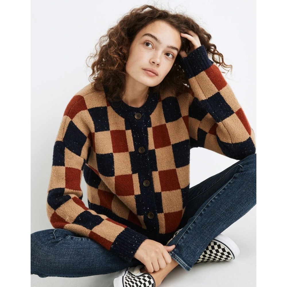 Madewell Checkered Cardigan Sweater Womens XXS Navy Rust Tan Button Front Crop